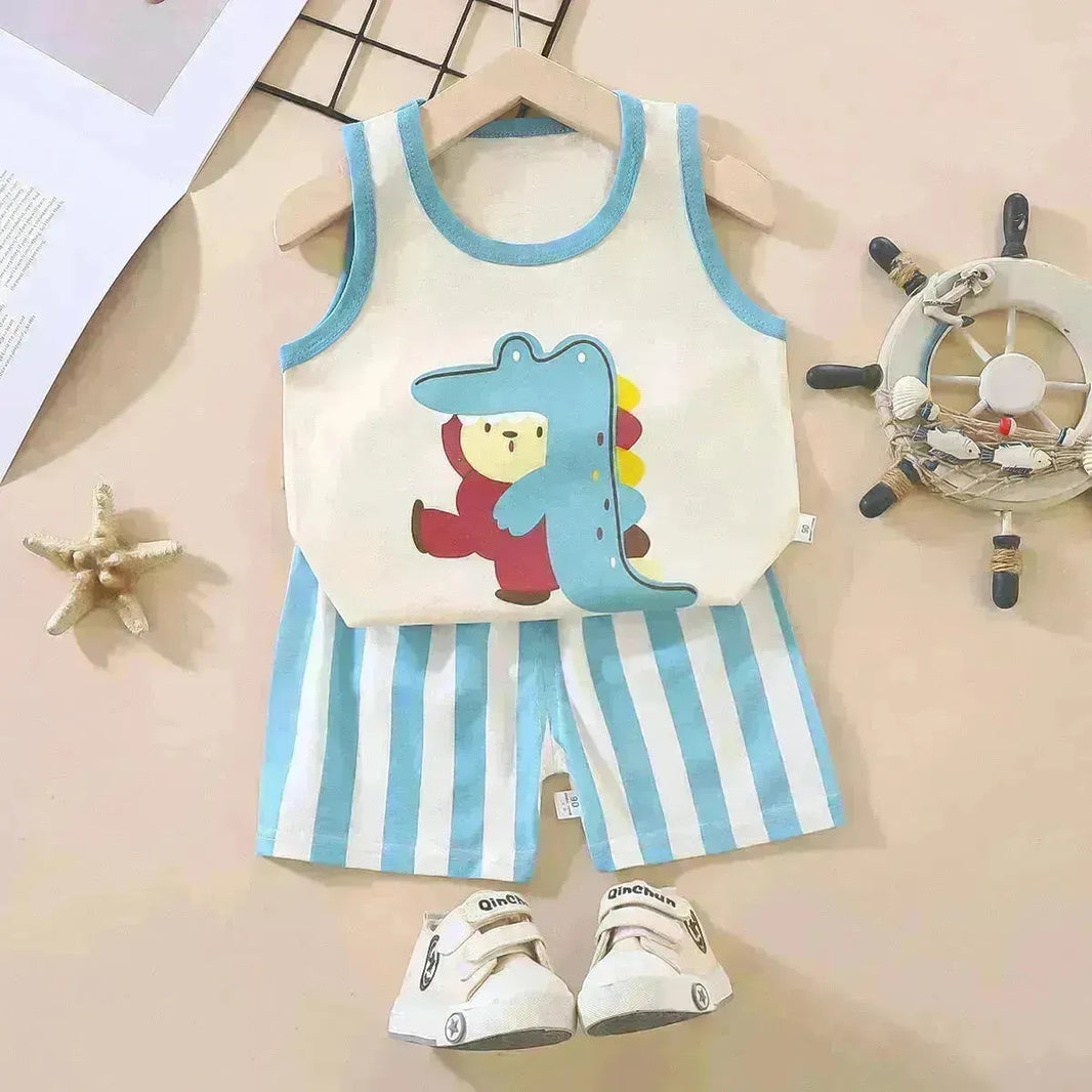 Giurre stampata a cartone animato di cotone puro casual per bambini set due pezzi per bambini