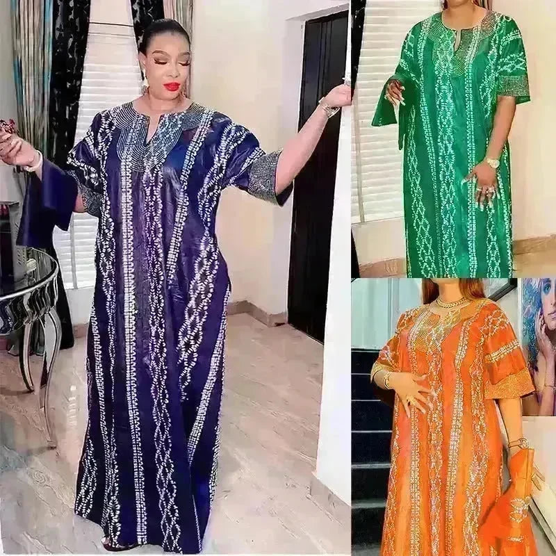Middle East Striped Loose Robe African Dubai Arabic Satin Hot Drilling Stitching Abaya Buba Dress - EX-STOCK CANADA