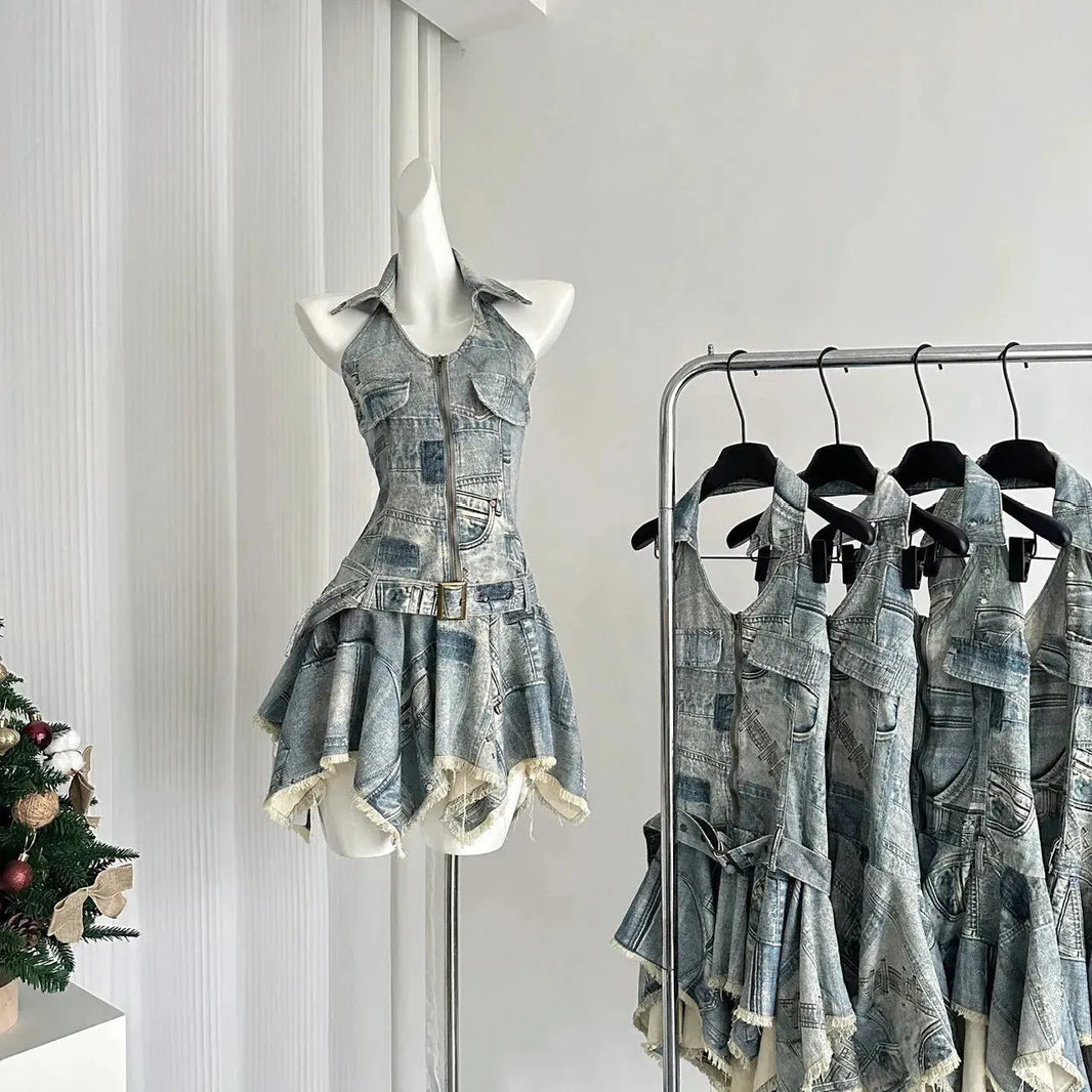Waist-tight Halter Denim Dress Women's Distressed Retro Slimming Skirt - EX-STOCK CANADA