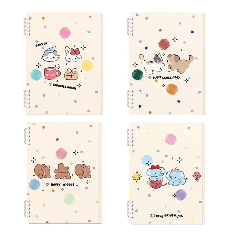 Four cartoon-themed notebooks with colorful designs on a white background