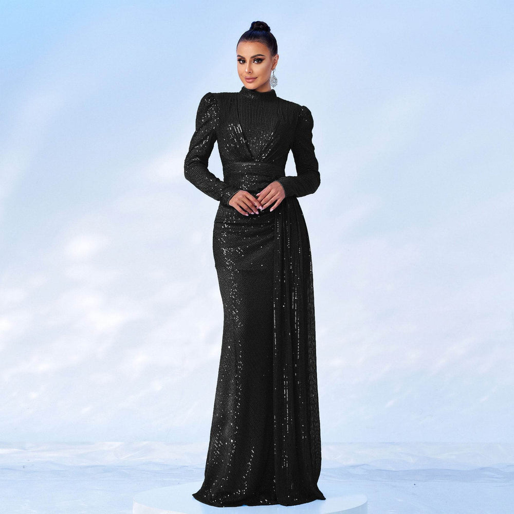 Long Sleeve Round Neck Slim Long Sequined Banquet Dress - EX-STOCK Canada