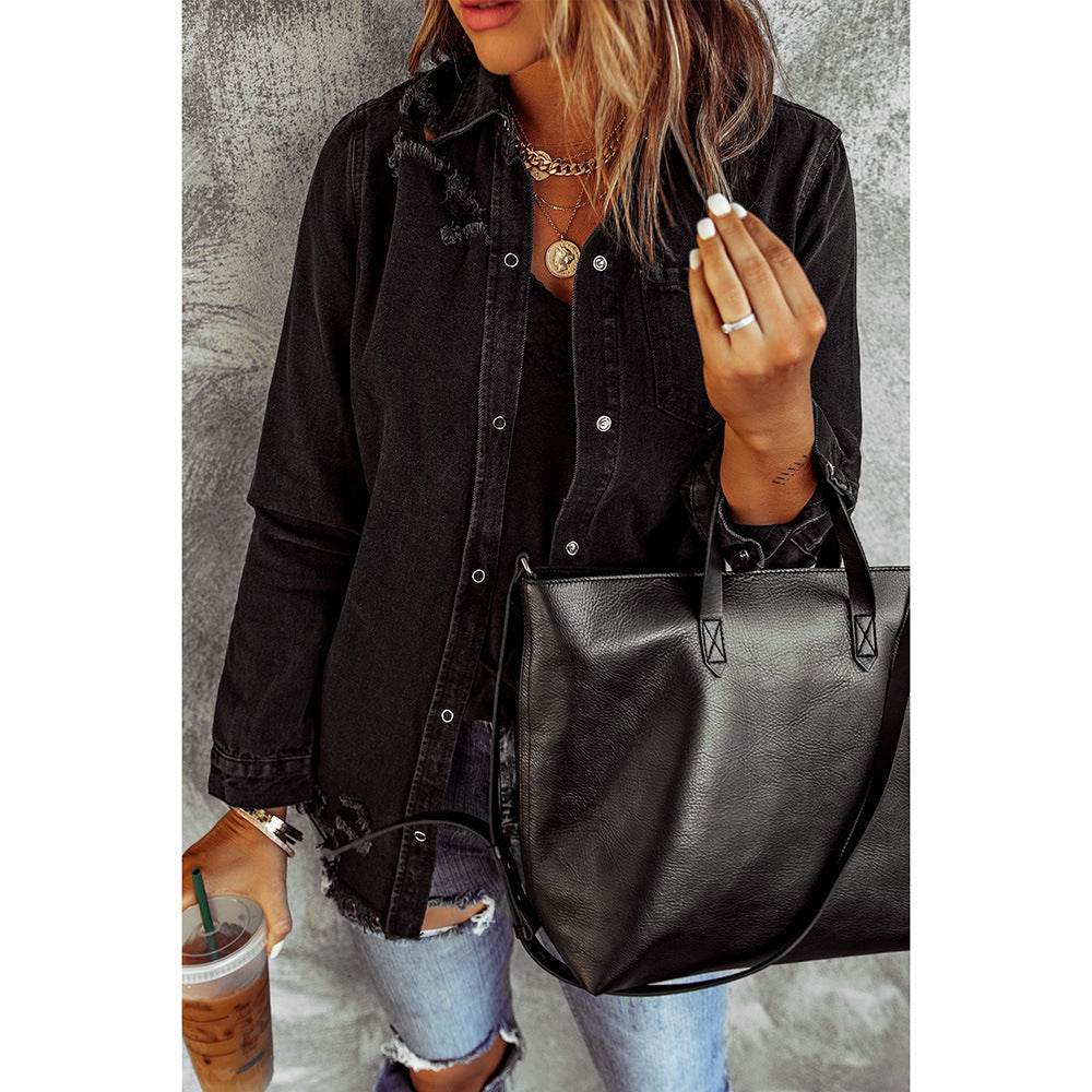 Black Ripped Shirt Denim Long Sleeve Coat Jacket Women - EX-STOCK Canada