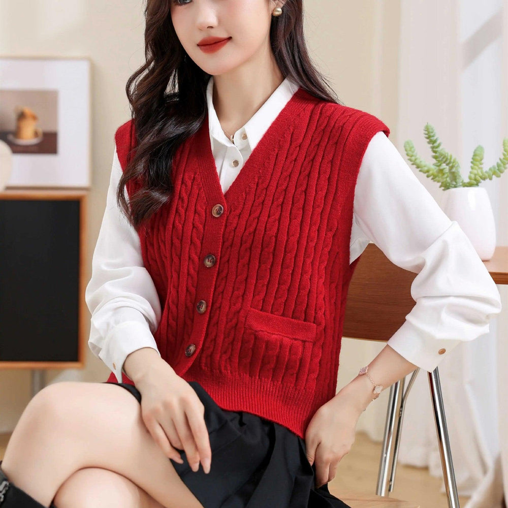 Gilet tricoté torsadé à col en V pour femmesEX-STOCK Canada