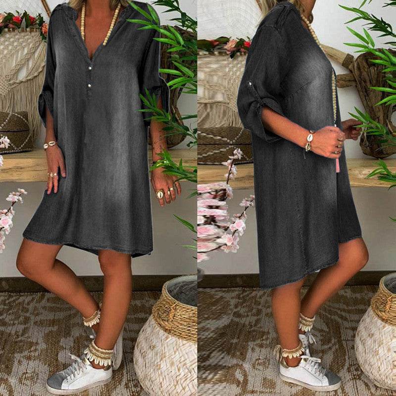 Casual Half Button Mid-sleeve loose Washed denim dress - EX-STOCK Canada
