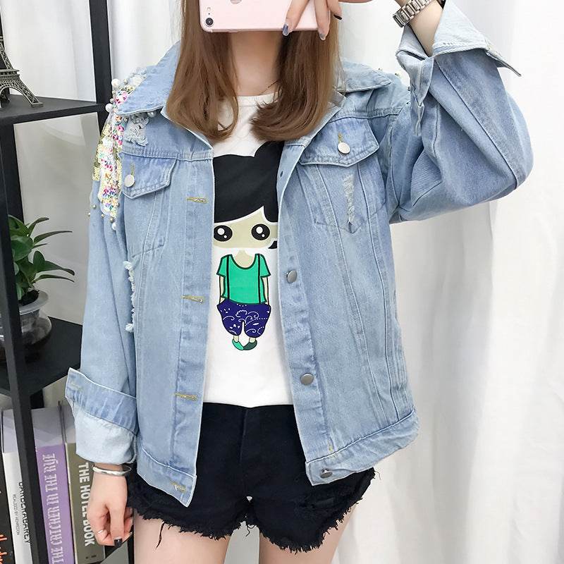 All-match Korean Style Loose Embroidered Denim Jacket Women EX-STOCK Canada