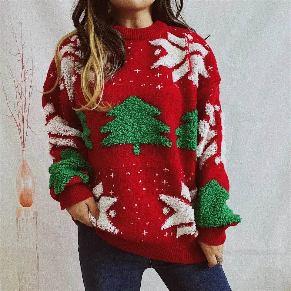 Women's Fashion Christmas Tree Jacquard Round Neck Long Sleeve Pullover Sweater top - EX-STOCK Canada