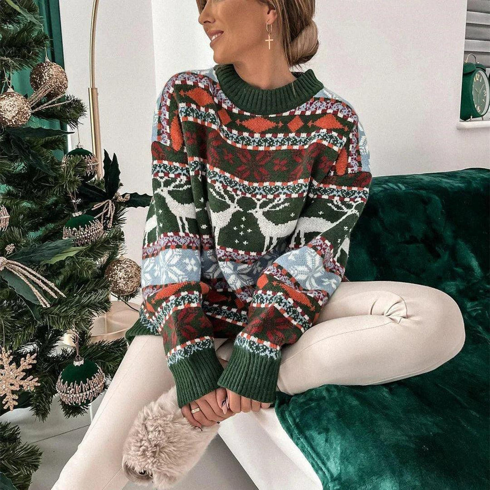 Pull à manches longues en jacquard à thème de Noël pour femmes, col rond, coupe ampleEX-STOCK Canada