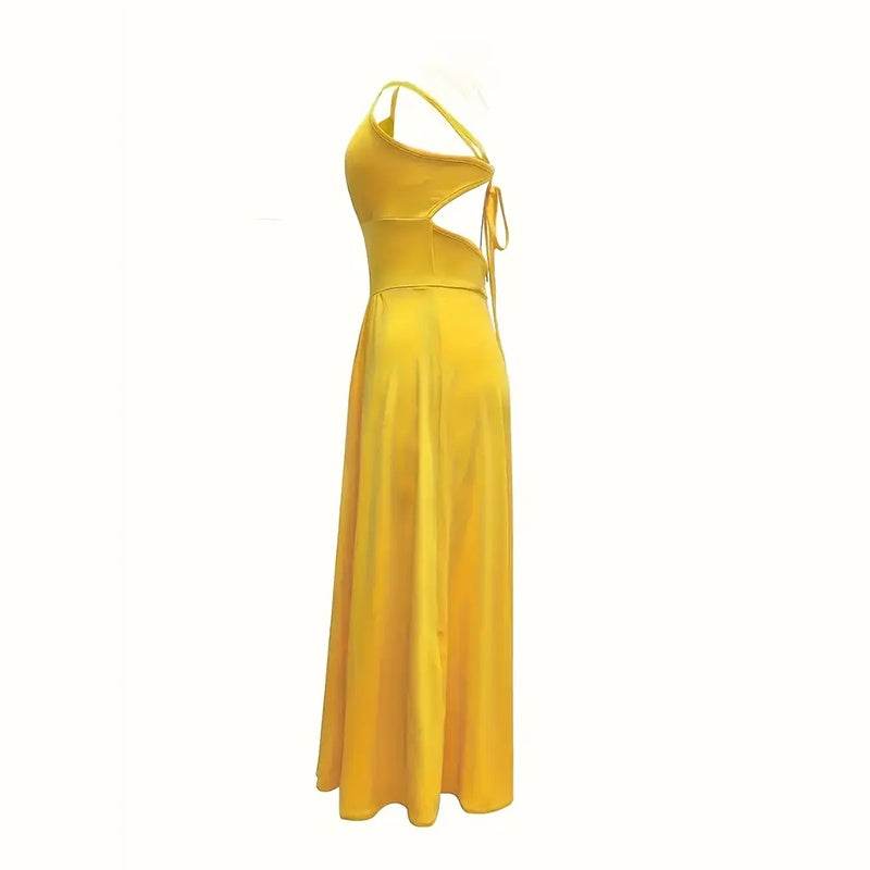 Elegant V Neck Summer Maxi Slit Dress Spaghetti Strap High Slit Long Dress - EX-STOCK Canada
