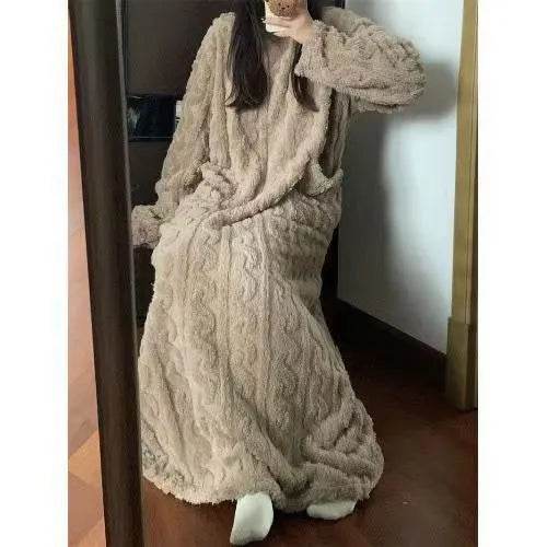 Winter Coral Fleece Sleepwear Women's Nightgown Long Night Dress Pajamas With Pockets Thickened Jacquard Dress Warm Home Clothes - EX-STOCK Canada