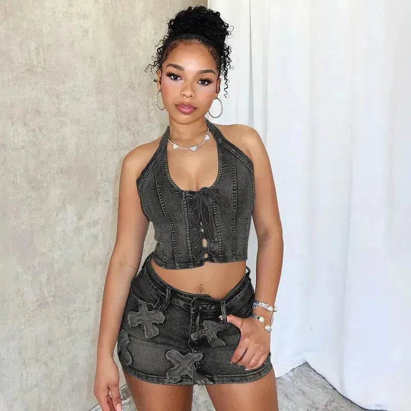 Chic Denim 2 piece Denim Skirt set Jean 2 piece set for Women Sleeveless crop top and Skirt - EX-STOCK Canada