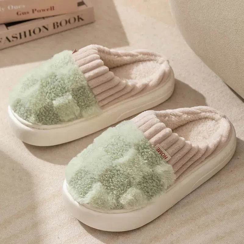 Plaid Plush Slippers Women's Indoor Plush Home Slippers Soft Sole Thick Non-Slip Warm House Shoes Couple Autumn And Winter - EX-STOCK Canada