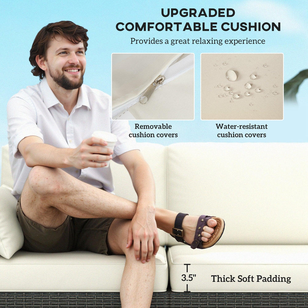 Sofá de Patio PE Mimbre de Asiento Profundo Para Exterior con Cojines Removibles, Sofá de Ratán de 3 Plazas, Muebles de Exterior para Balcón, Terraza, Jardín y Alrededor de la Piscina, Blanco CremaEX-STOCK Canada