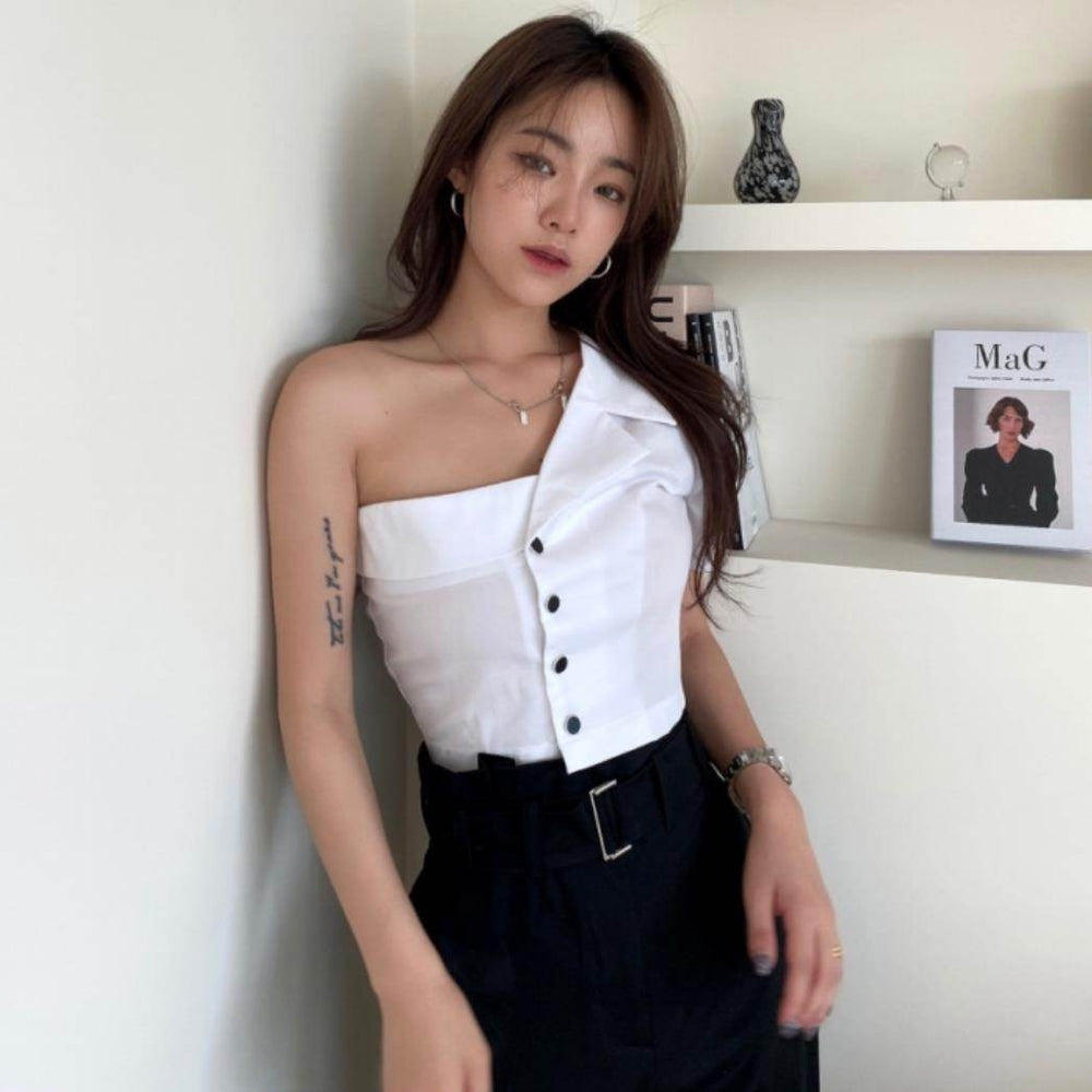 Summer Fashionable Irregular One-shoulder Design Single-breasted blouse Shirt For Women - EX-STOCK Canada