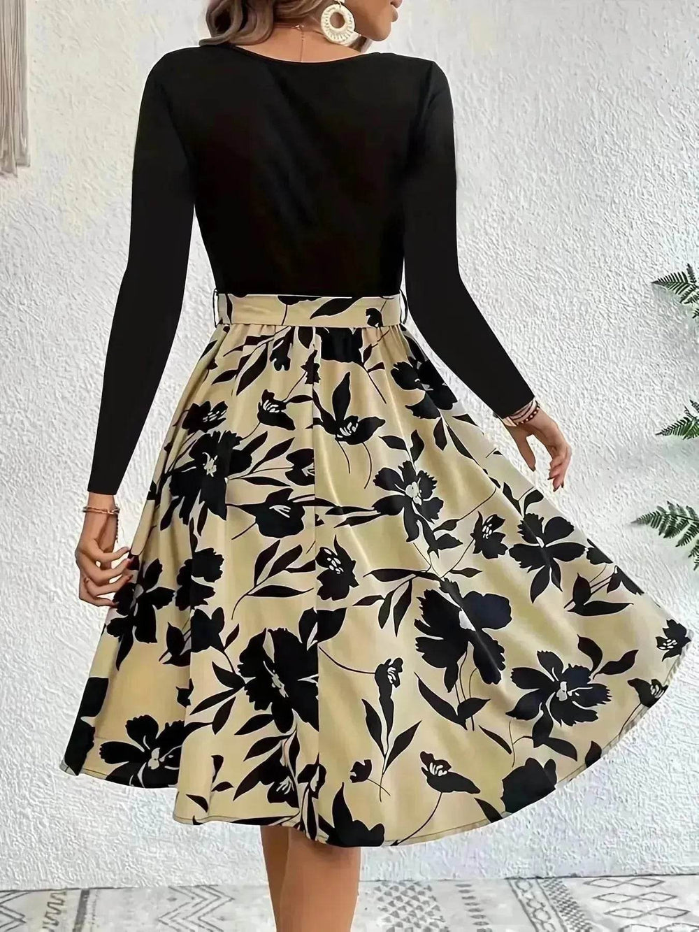 Floral Print Long Sleeve Skirt - Round Neck Flared Dress - EX-STOCK Canada