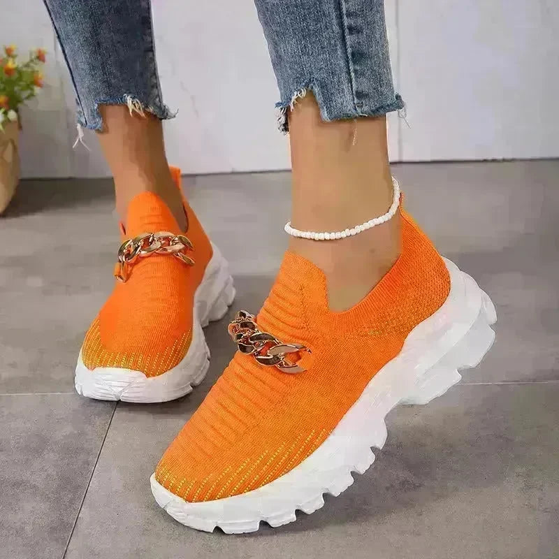 Fashion Chain Design Mesh Shoes For Women Breathable Casual Soft Sole Walking Sock Slip On Flat Chunky Sneakers Shoes for Women - EX-STOCK CANADA