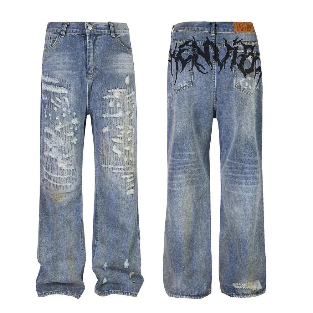 Punk Make Old Ripped Letter Denim Trousers Men Jeans - EX-STOCK CANADA