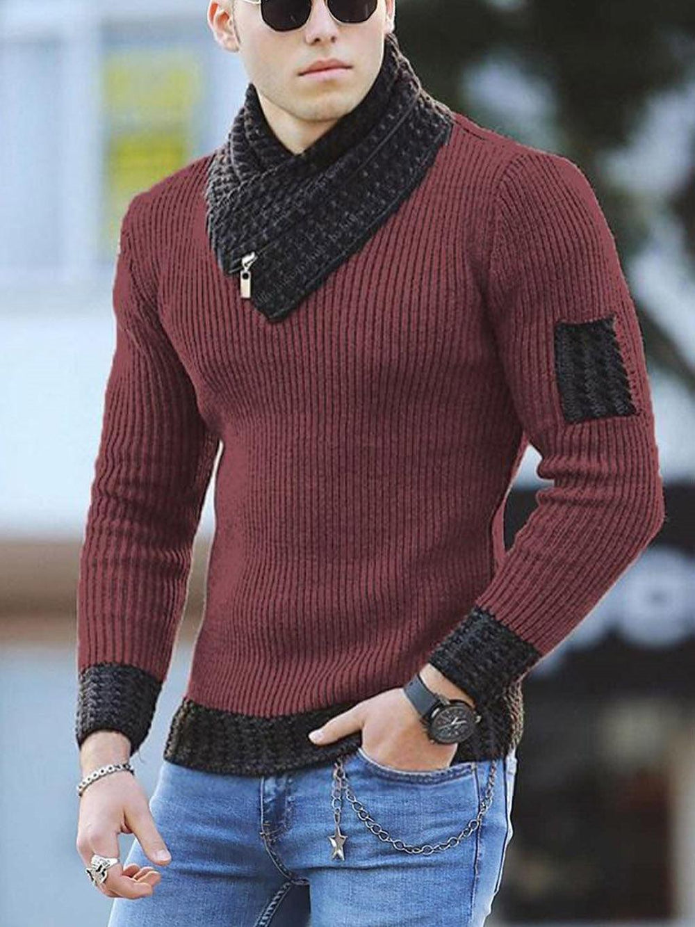 Independent Station Casual Slim Knit Pullover Long-sleeved Scarf Collar Sweater Men's EX-STOCK Canada