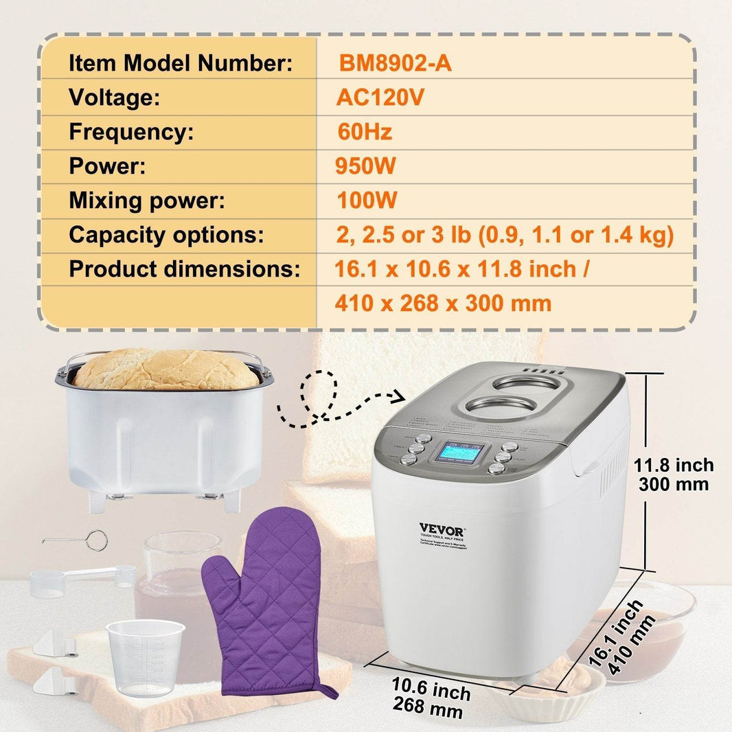 VEVOR Automatic Bread Maker 3LB Non-sticking Bread Making Machine - EX-STOCK Canada