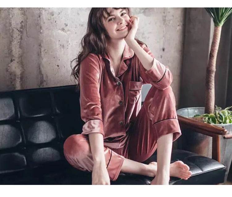 2pcs Couple Gold Velvet Long Sleeve Pajamas set - EX-STOCK Canada