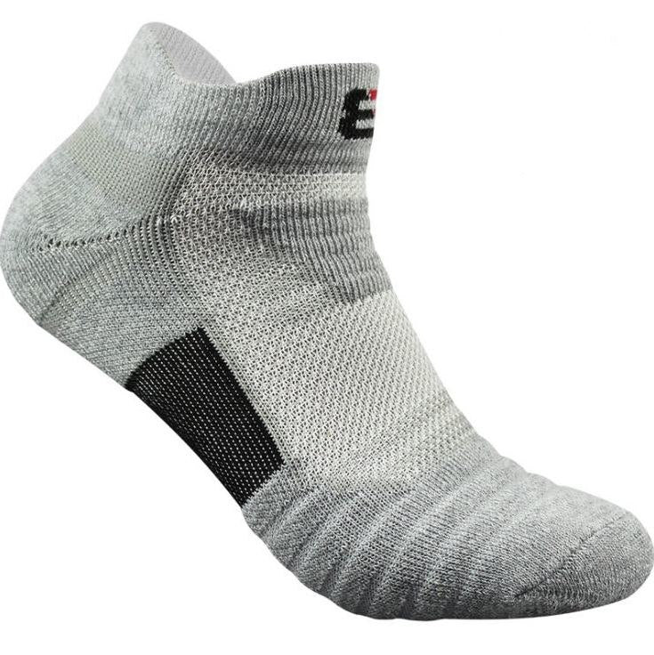 Gray ankle sock with black accents on a white background