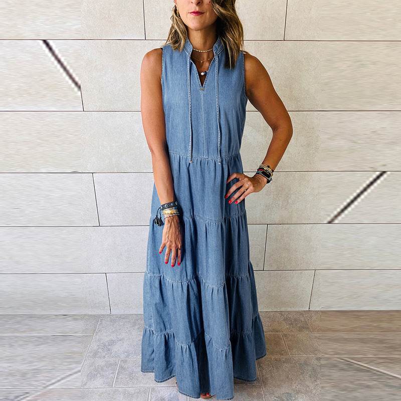 Women's Sleeveless Denim Fashion Retro High Waist Layered Dress - EX-STOCK Canada