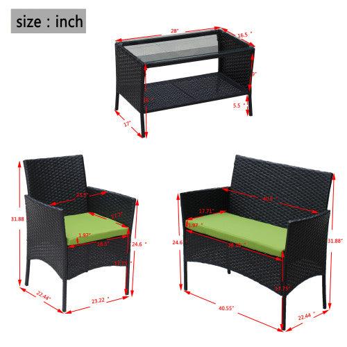 Juego de mobiliario de patio de ratán de 4 piezas, sofá de mimbre con cojines para patio exterior, cojín verdeEX-STOCK Canada