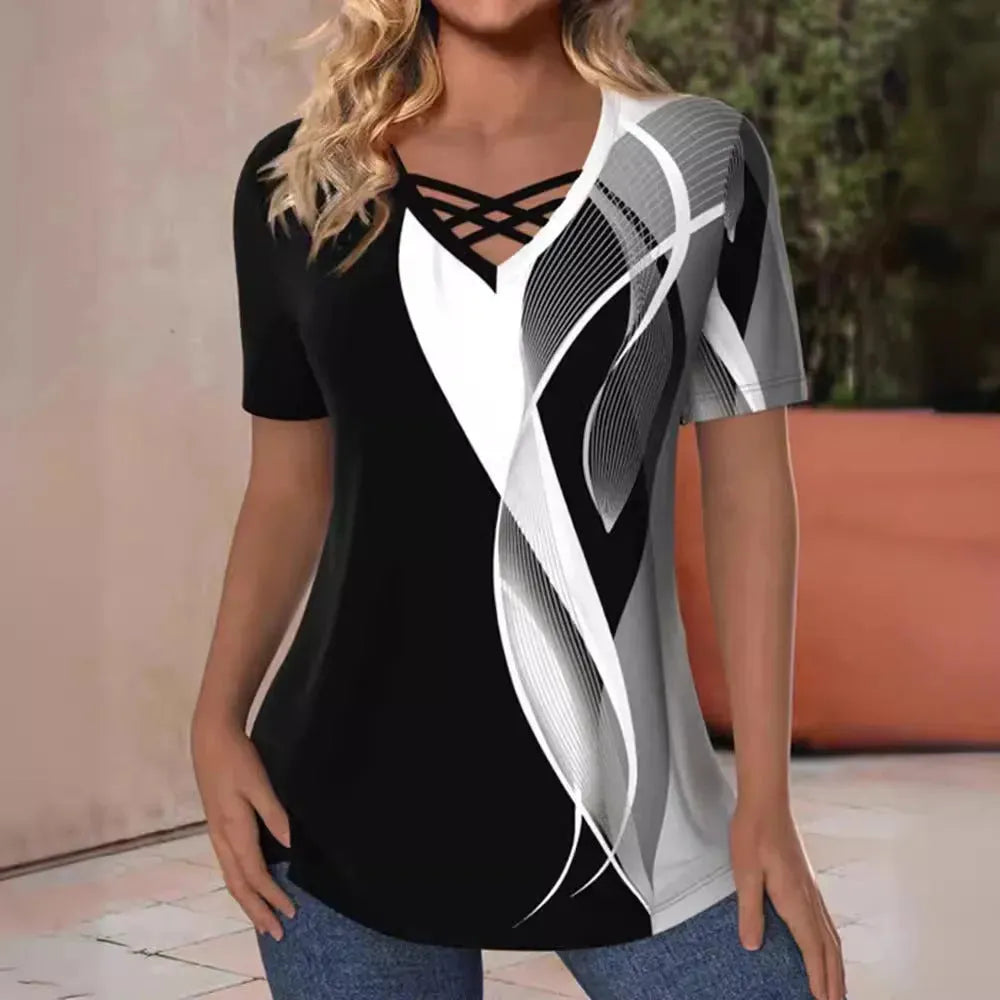 Fashion Printed V-neck Short-sleeved tunic Top For Women - EX-STOCK CANADA
