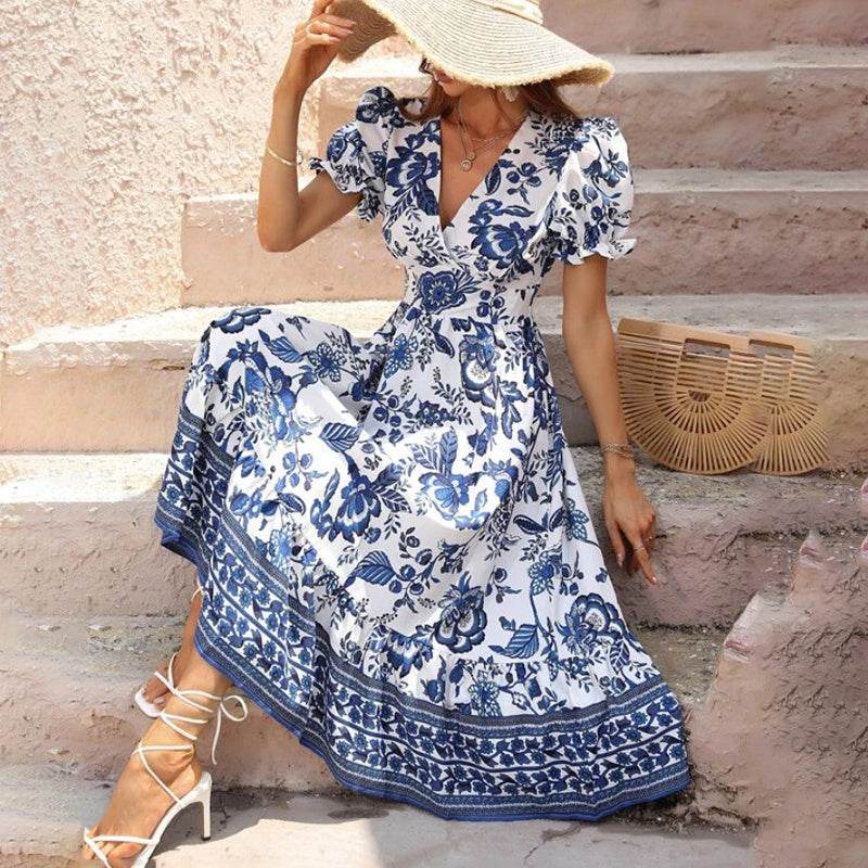 Puff Sleeve dress V Neck Blue Floral Bohemian Midi Dress - EX-STOCK Canada
