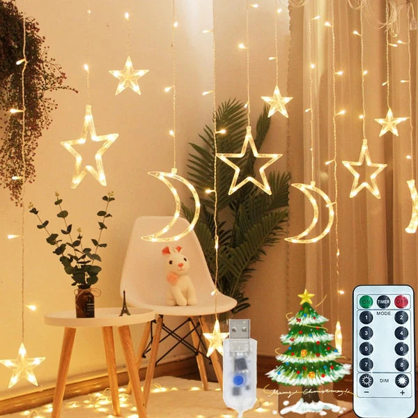 Ramadan Solar Icicle Lights,Outdoor Waterproof Moons Stars Curtain Window String With 8 Modes Timer Remote,USB Rechargeable Connectable Warm White Hanging Decor For Patio EX-STOCK Canada
