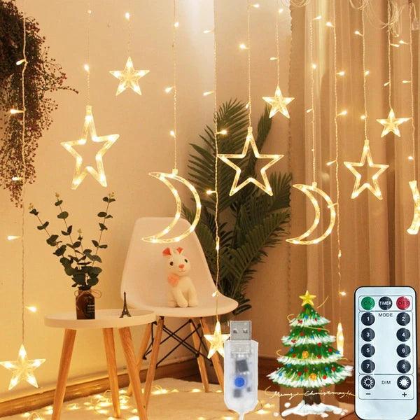 Ramadan Solar Eiszapfen-Lichter, Outdoor Wasserdicht Mond Sterne Vorhang Fensterkette mit 8 Modi Timer Fernbedienung, USB Wiederaufladbar Verbindungsmöglichkeit Warmweiß Hängende Dekoration für TerrasseEX-STOCK Canada
