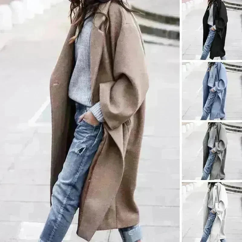 Lapel Single Breasted Women Winter Solid Woolen Trench Coat Long Jacket - EX-STOCK CANADA