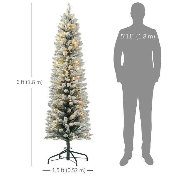 6ft Artificial Prelit Christmas Tree With Warm White LED Light, Snow Flocked Branches, Metal Base, Pencil Xmas Tree EX-STOCK Canada
