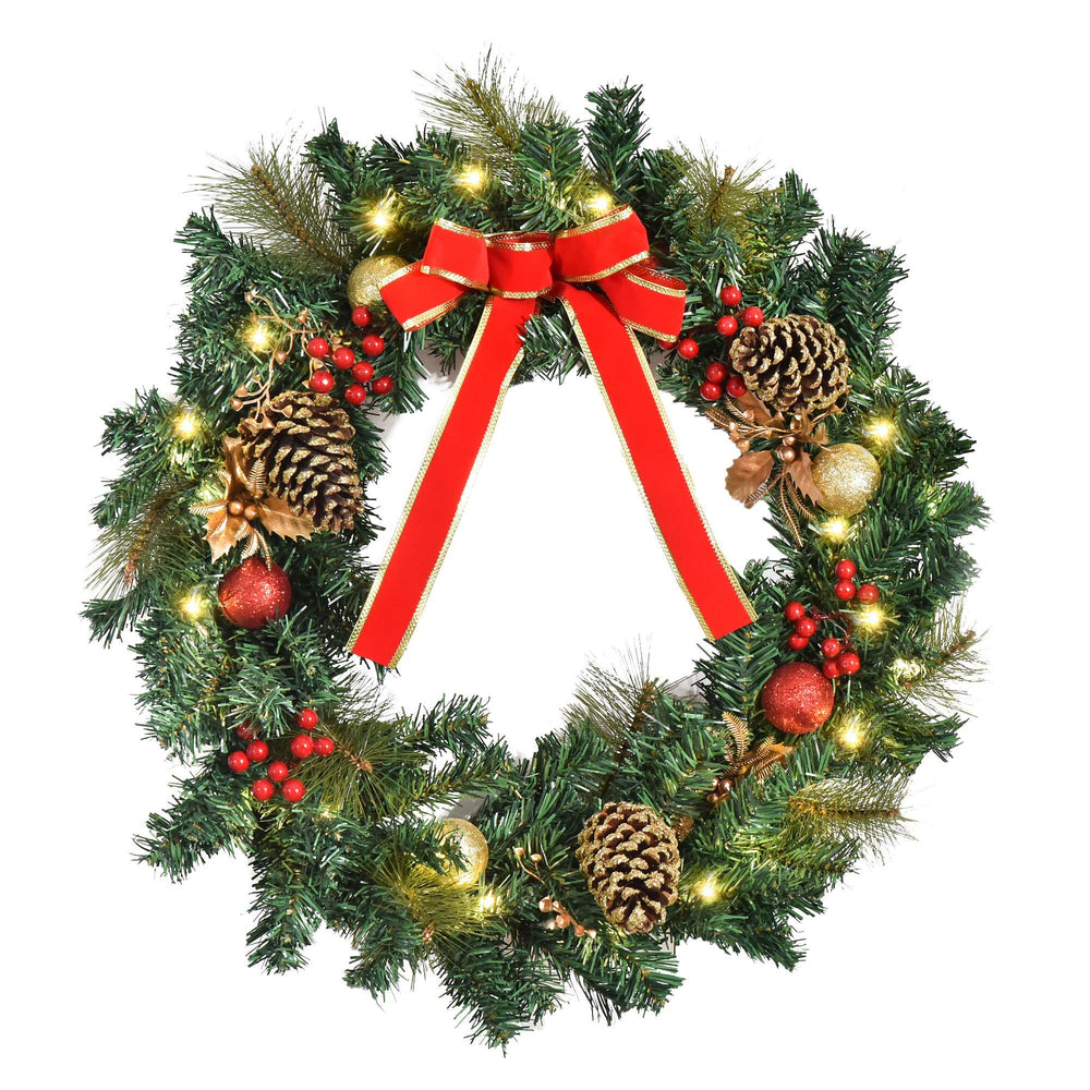 Christmas Wreath Pre-Lit Artificial Greenery Xmas Spruce Wreath Cones Red Berries 20 LED Lights Battery Operated EX-STOCK Canada