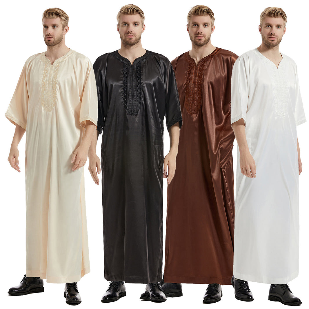 Middle Eastern Muslim Men's Satin Mid-sleeve Embroidered Robe - EX-STOCK Canada