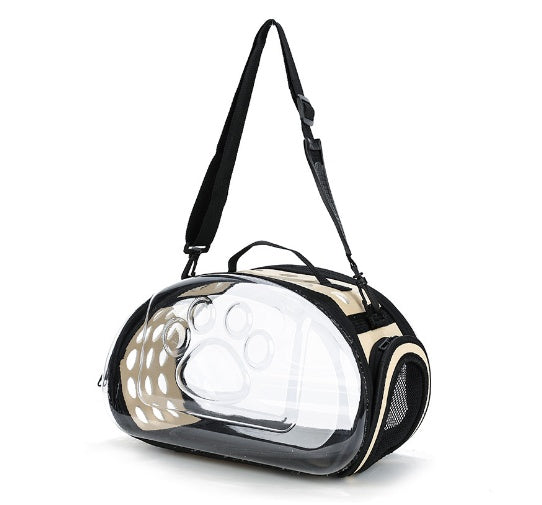 Pet carrier with clear front panel on a white background
