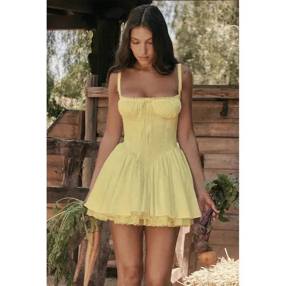 Elegant Chic Women Suspender Mini Skater Dress Summer Fashion Lace-up Slim Waist Pleated Short Dresses For Evening Party Cocktail Occasions - EX-STOCK Canada