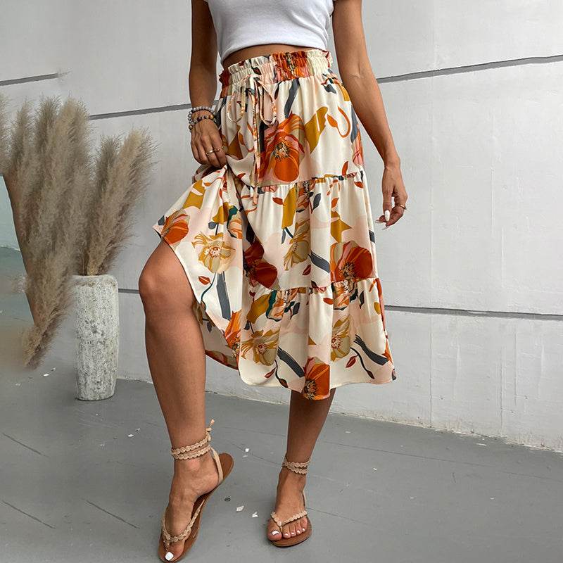 Women's Floral Tiered Midi Skirt Elastic Waist Dressy Casual A-line Flowy Boho Skirts - EX-STOCK Canada