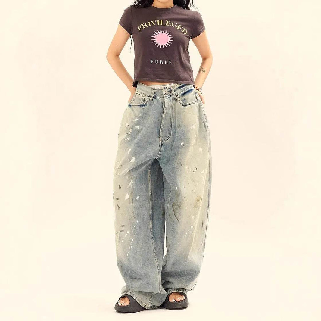 Washed Distressed Casual Loose Wide-leg Baggy Jeans Pant Splash-ink Design Slimming Unisex Style Mop Pants Men And Women - EX-STOCK Canada