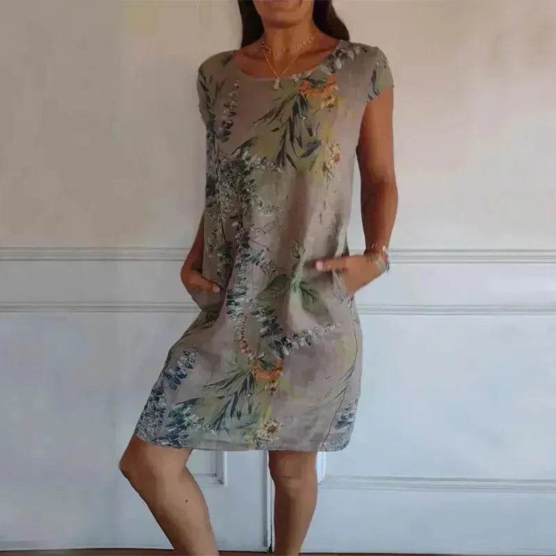 Casual Floral Printed Straight Dress Summer Loose Round Neck Short Sleeve Midi Dresses Womens Clothing - EX-STOCK Canada