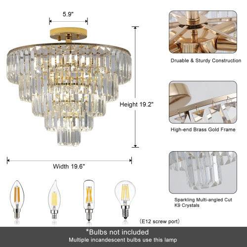 Golden Crystal Chandelier, 5-layer Round Semi-recessed Chandelier Lamp, Large Modern Luxury Chandelier, Suitable For Living Room, Dining Room, Bedroom, Corridor - EX-STOCK Canada