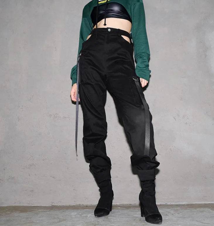 Women Black High Waist Pencil Pants Pockets Patckwork Hollow Out Pants Fashion Women Streetwear Cargo Pants Women Pants - EX-STOCK Canada