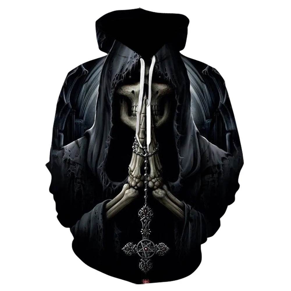 Black Gothic Skull 3D Digital Printing Men's Casual Hoodie Sweatshirt Pullover top - EX-STOCK Canada
