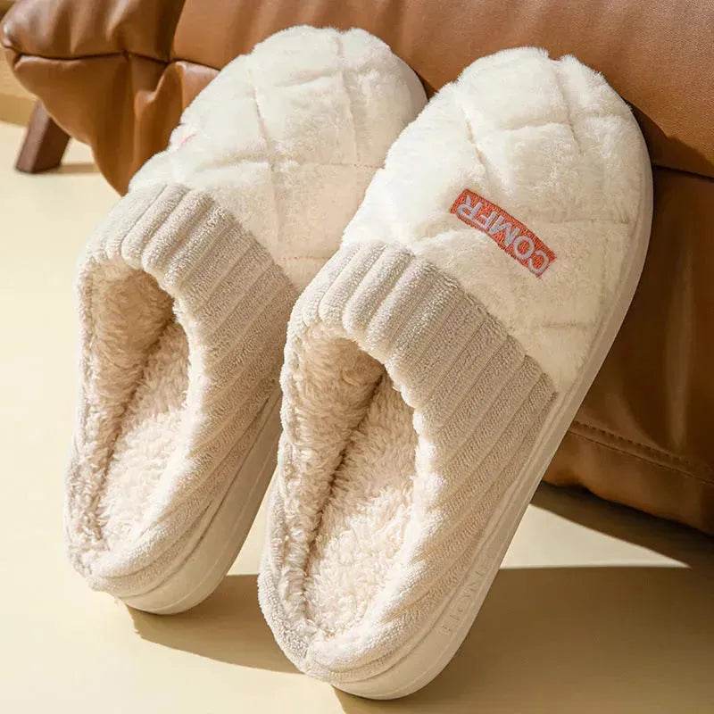 Solid Rhombic Letter Home Slippers Winter Warm Non-slip Floor Bedroom Plush Slipper For Couple House Shoes Women Men - EX-STOCK Canada