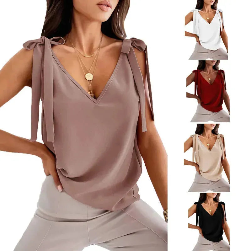 Bowknot Tie Up V-neck top Women Summer Sleeveless Blouse Tops - EX-STOCK CANADA