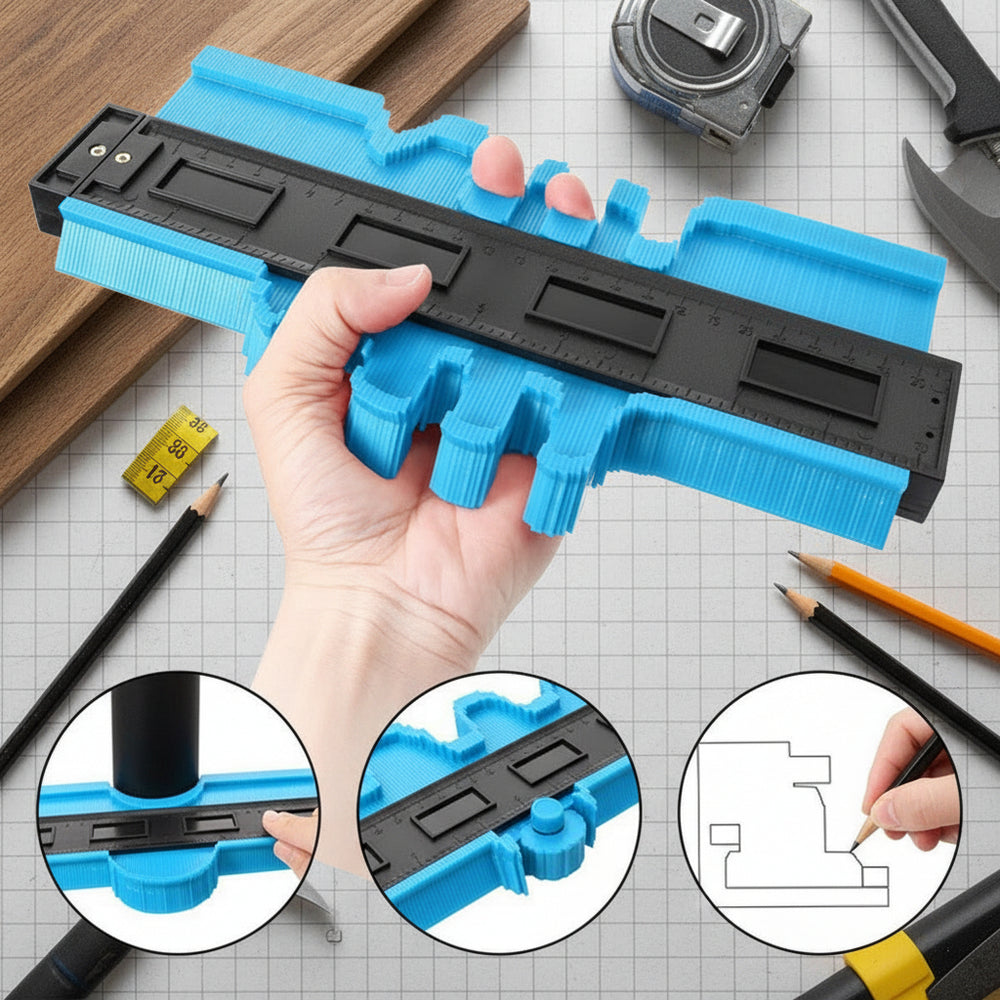 Blue and black tool held in a hand with insets showing different angles.