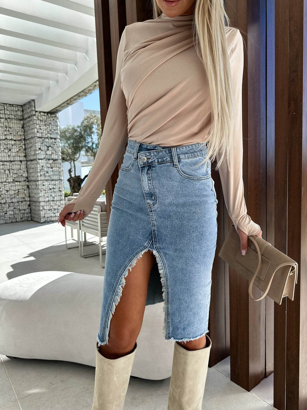 Fashion Solid Front Split Midi Denim Skirt - EX-STOCK Canada