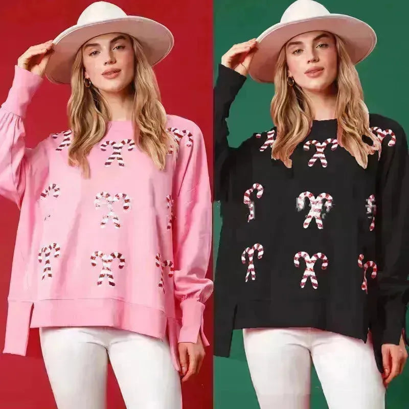 Christmas Fashion Round Necins Sequins Pullover Top Sweatshirt pour les femmes