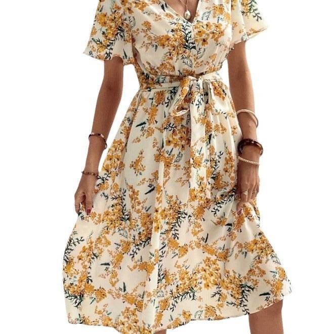 Women Bohemian Spring Short sleeve Casual flowy V-neck Tie belt Floral Summer Midi Dress - EX-STOCK Canada