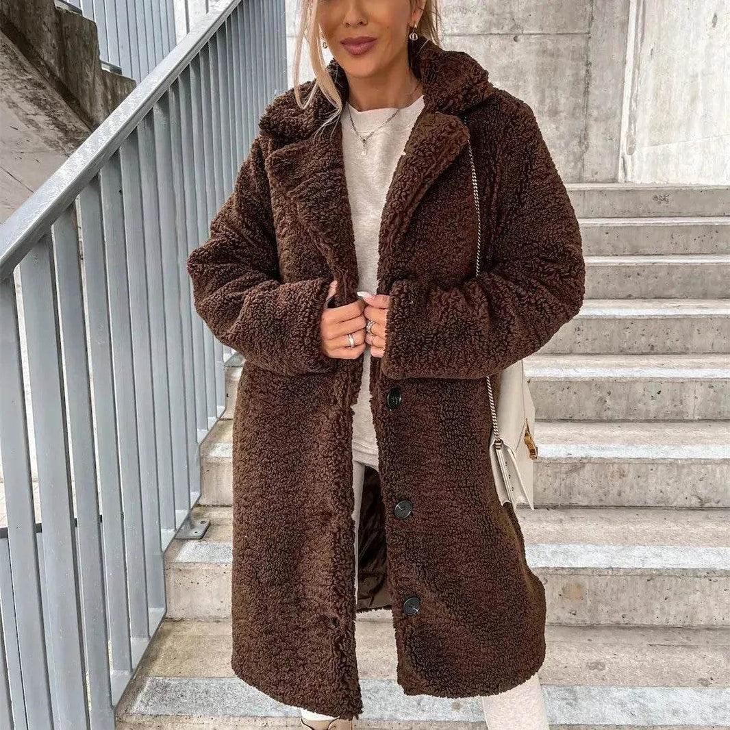 Buy Women's Long-sleeved Lapel Plush Fleece sherpa button Long Winter Overcoat - EX-STOCK Canada