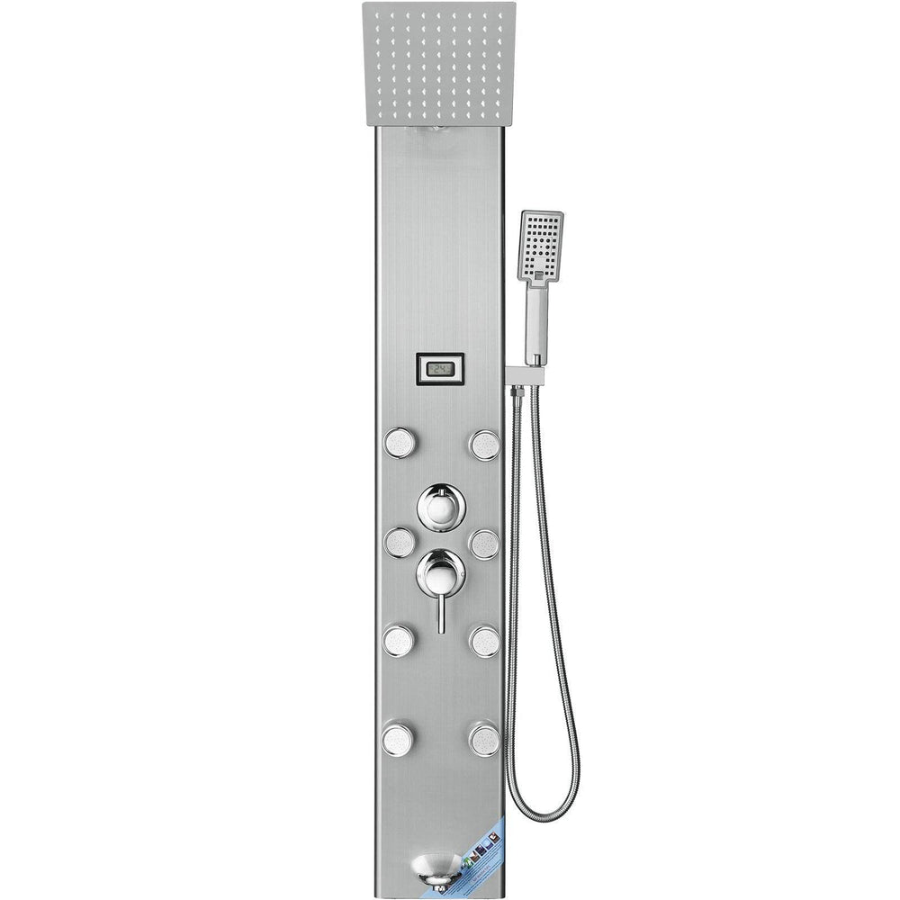 Shower Panel System, 5 Shower Modes, Digital Display Shower Panel Tower, Rainfall, 8 Massage Jets, Tub Spout, 3-Setting Handheld Shower Head 59 Hose, Stainless Steel Wall-Mounted Shower Set - EX-STOCK Canada